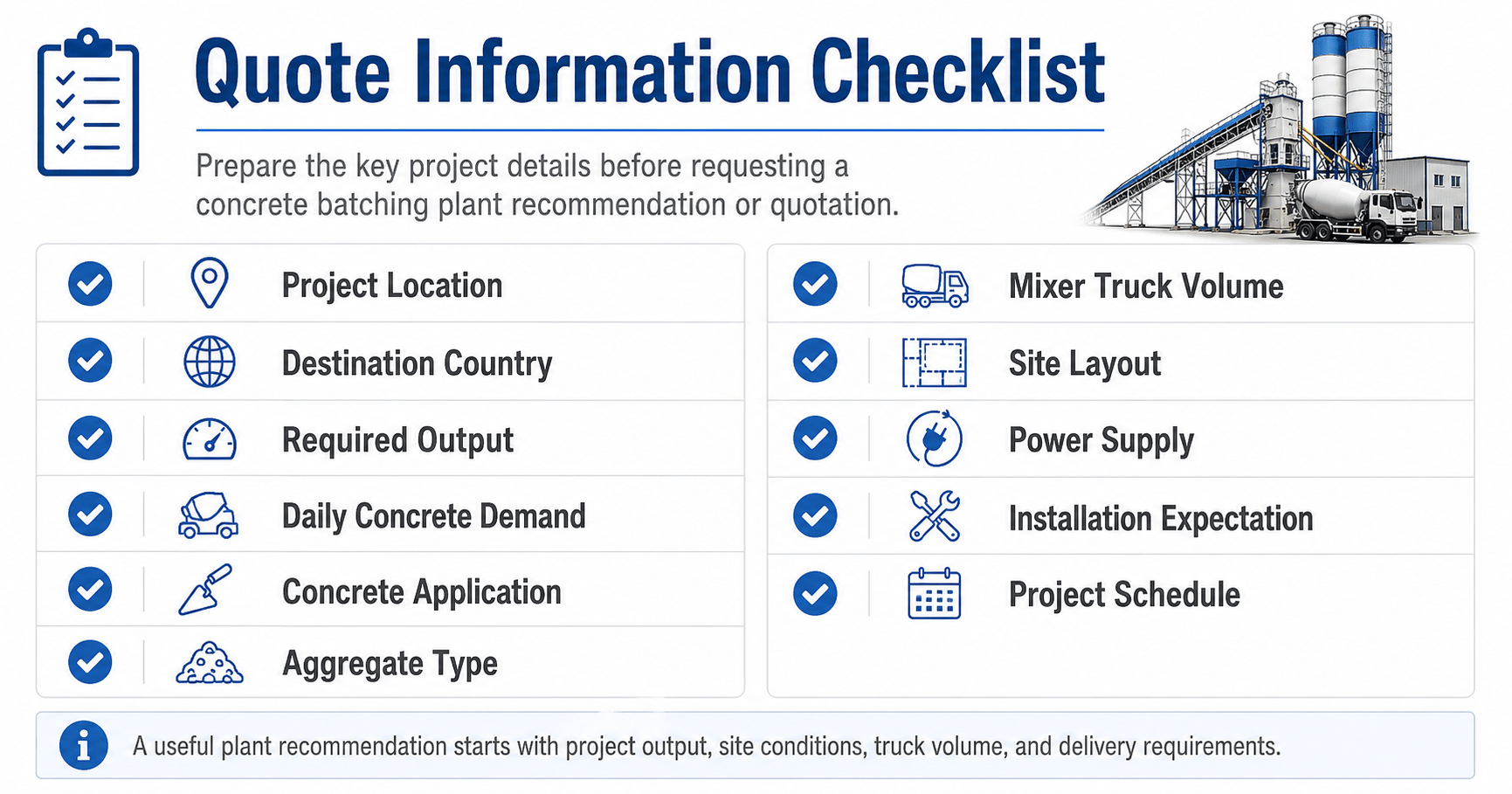 Concrete batching plant quote information checklist